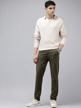 Men's Olive Striped Cotton Slim Fit Casual 4 Pockets Trouser